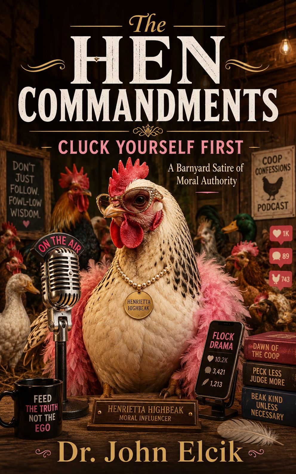 The Hen Commandments: Cluck Yourself First by Dr. John Elcik. Original cover featuring Henrietta Highbeak in glasses and a pink feather boa beside a microphone.